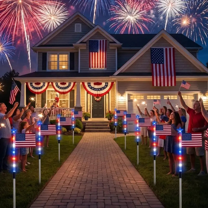 ☀️8-in-1 Solar American Flag Garden Stakes✨ IP65 Weatherproof & Auto-On Patriotic Decor