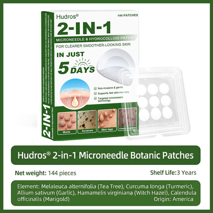 📌Hudros® 2-in-1 Microneedle & Hydrocolloid Patch | Raised Moles,Acne,  Flat Warts & Skin Tags Remover | Improves Wrinkles, Scars & Blemishes | Invisible Star Pimple Patches for Face & Body | 144 Count